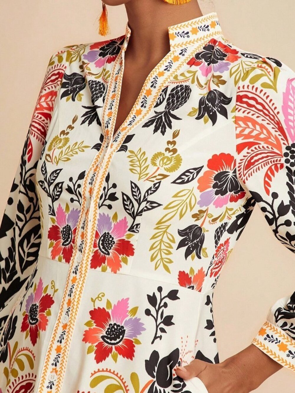 Khaki Boho Women's Palm Tree Print Long Sleeve Button Down Casual Midi Dress - Picture 6 of 6